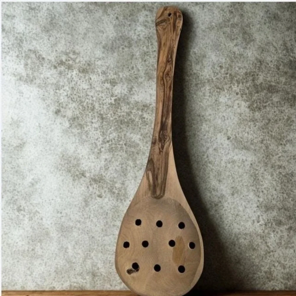 Handcrafted Olive Wood Slotted Spoon Rustic Wooden Kitchen Strainer Utensil 12in